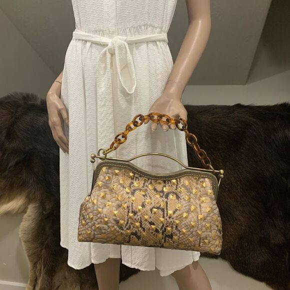 Handsewn Genuine Embossed Leather, Double Kisslock & Top Handle Bag, Crossbody - Picture 10 of 16